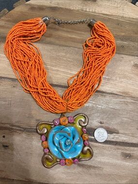 Handcrafted Orange Beaded Clay Necklace with Turquoise Rose Pendant